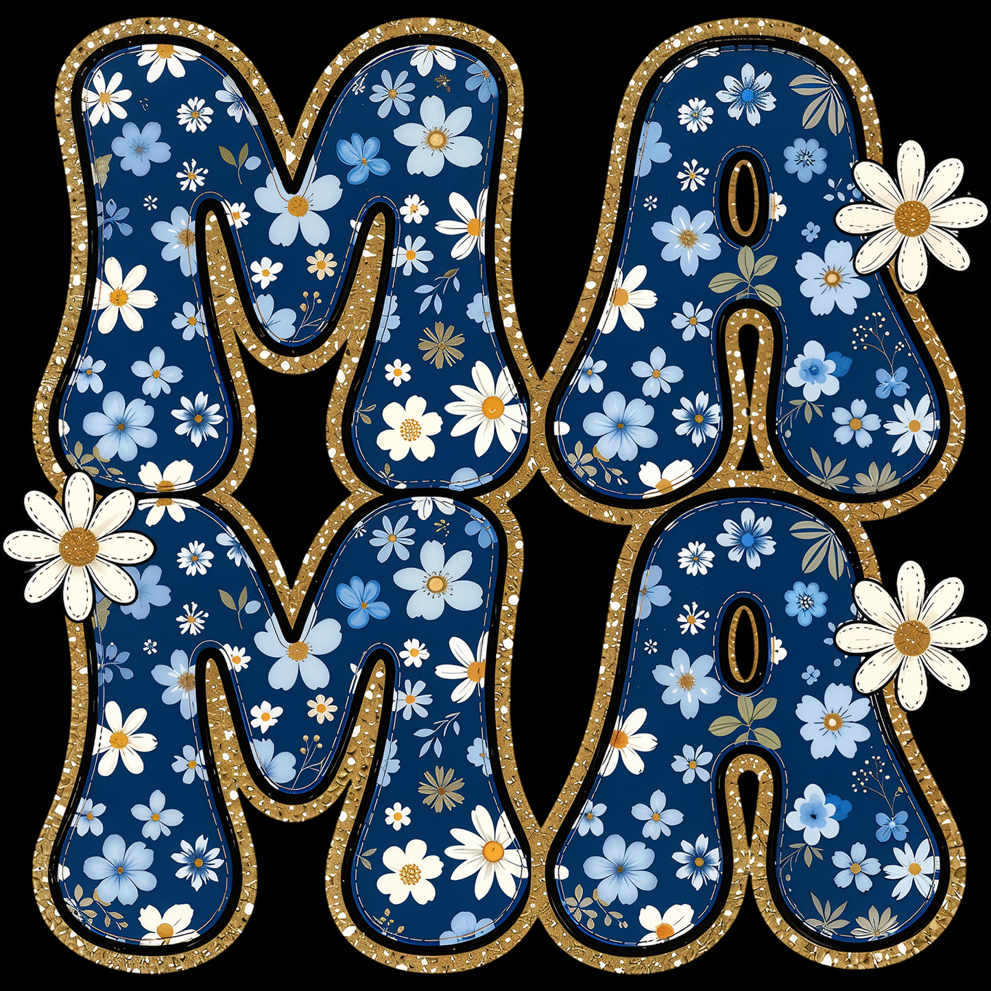 𝐅𝐥𝐨𝐫𝐚𝐥 𝐌𝐀𝐌𝐀 – Blue Daisy Glitter DTF Ready To Press Transfer