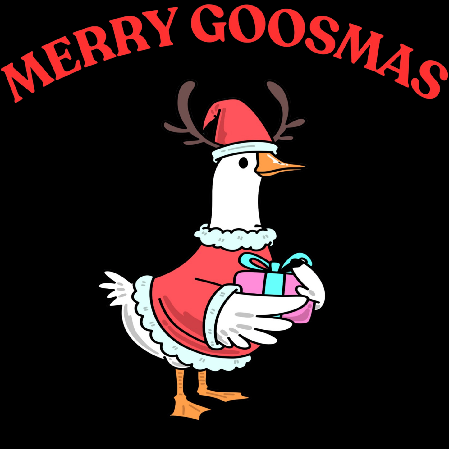 Merry Goosmas Goose DTF Transfer – Funny Christmas Goose with Gift Ready to Press Heat Transfer