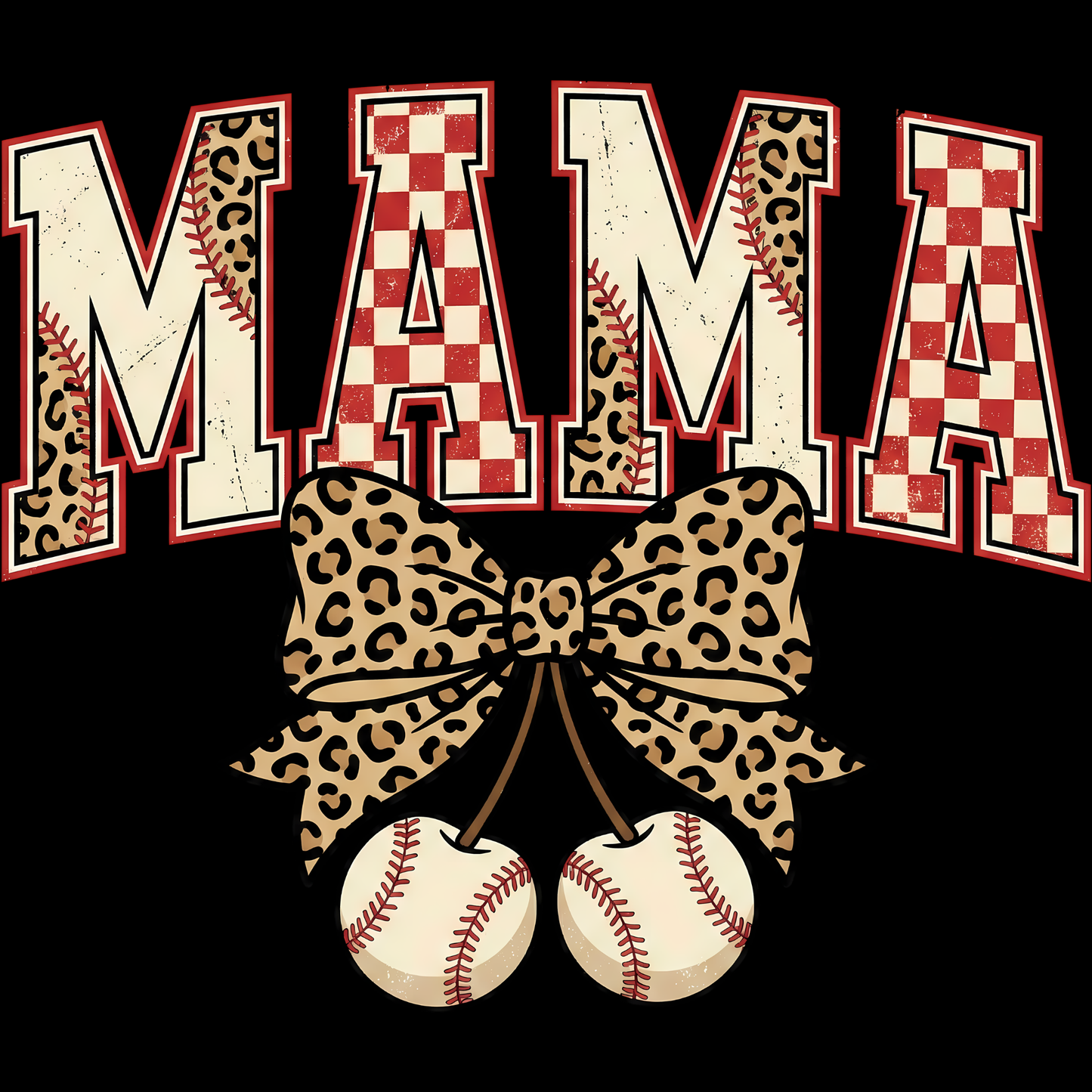 𝐁𝐚𝐬𝐞𝐛𝐚𝐥𝐥 𝐌𝐀𝐌𝐀 – Leopard Bow Cherry DTF Ready To Press Transfer