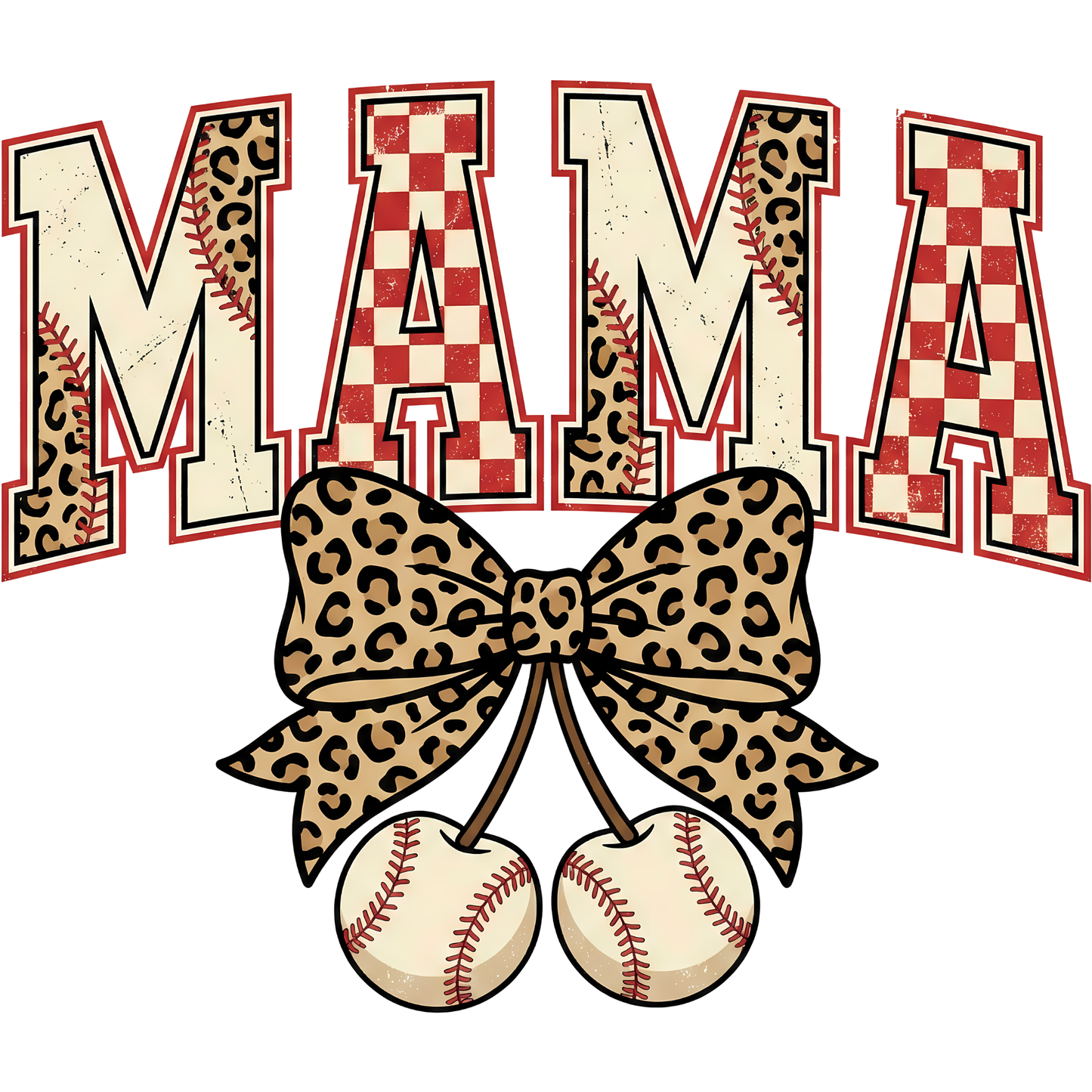 𝐁𝐚𝐬𝐞𝐛𝐚𝐥𝐥 𝐌𝐀𝐌𝐀 – Leopard Bow Cherry DTF Ready To Press Transfer