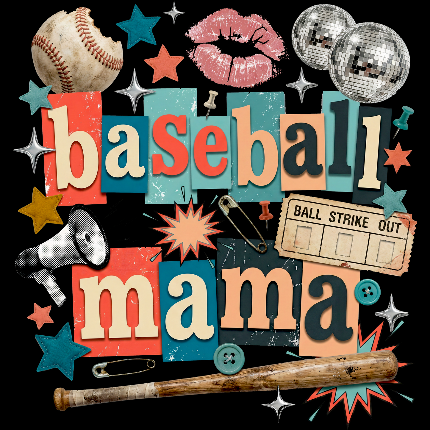 𝐁𝐚𝐬𝐞𝐛𝐚𝐥𝐥 𝐌𝐚𝐦𝐚 – Retro Game Day Collage DTF Ready To Press Transfer