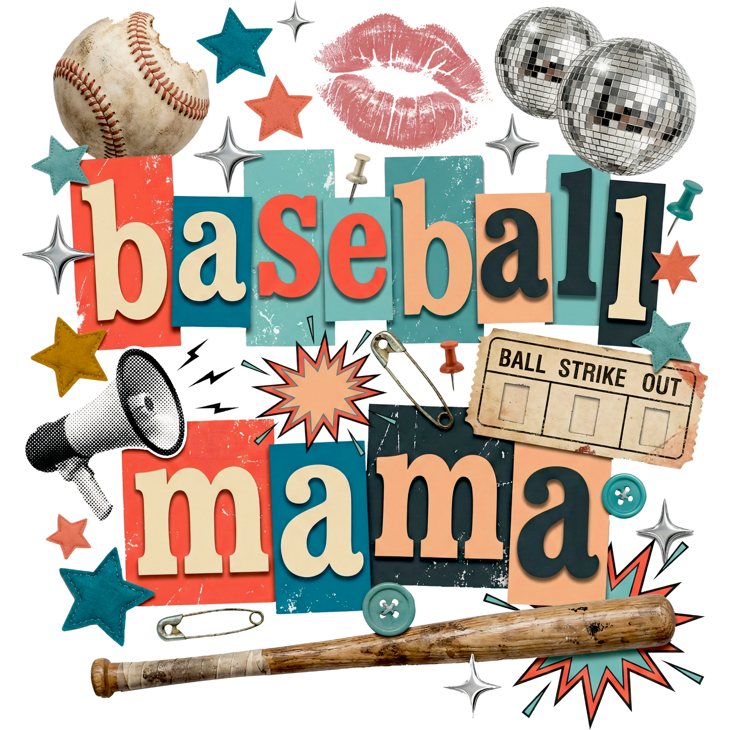 𝐁𝐚𝐬𝐞𝐛𝐚𝐥𝐥 𝐌𝐚𝐦𝐚 – Retro Game Day Collage DTF Ready To Press Transfer