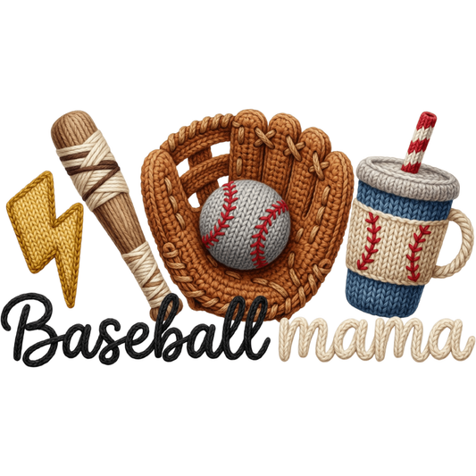 Baseball Mama Knitted Style DTF Transfer – Cute Baseball Mom Game Day Graphic Shirt Design DTF Ready To Press