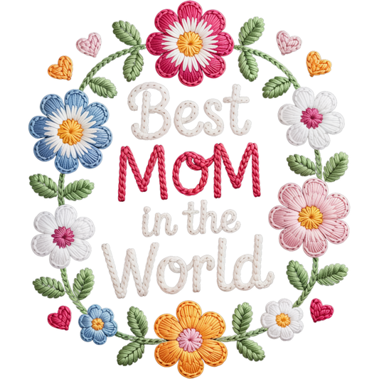 𝐁𝐞𝐬𝐭 Mom In The World Floral DTF Transfer – Cute Embroidered Flower Wreath Mother’s Day Gift Design DTF Ready To Press