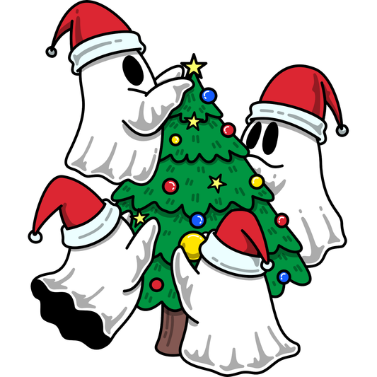 Christmas Ghost Tree DTF Transfer – Cute Ghost Decorating Christmas Tree Ready to Press Heat Transfer for Apparel