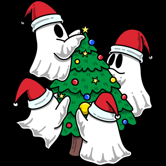 Christmas Ghost Tree DTF Transfer – Cute Ghost Decorating Christmas Tree Ready to Press Heat Transfer for Apparel