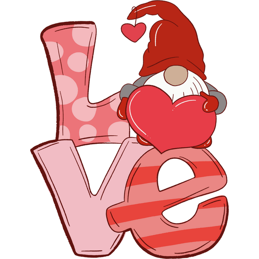 Gnome Love DTF Transfer – Cute Valentine Gnome Heart Design Ready to Press Heat Transfer for Apparel
