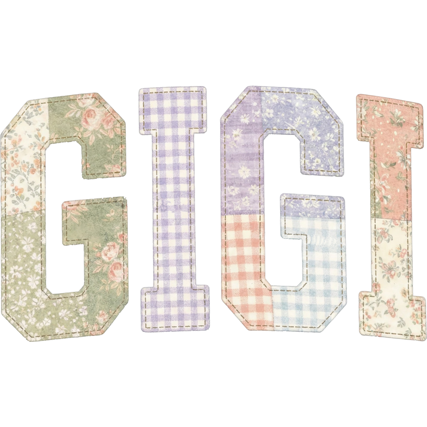 𝐆𝐈𝐆𝐈 Patchwork Letters DTF Transfer – Floral Grandma Name Vintage Quilt Style DTF Ready To Press