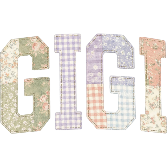 𝐆𝐈𝐆𝐈 Patchwork Letters DTF Transfer – Floral Grandma Name Vintage Quilt Style DTF Ready To Press