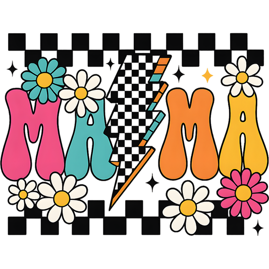 𝐑𝐞𝐭𝐫𝐨 𝐑𝐚𝐜𝐞 𝐃𝐚𝐲 𝐌𝐀𝐌𝐀 DTF Transfer – Checkered Lightning Mom Design DTF Ready To Press