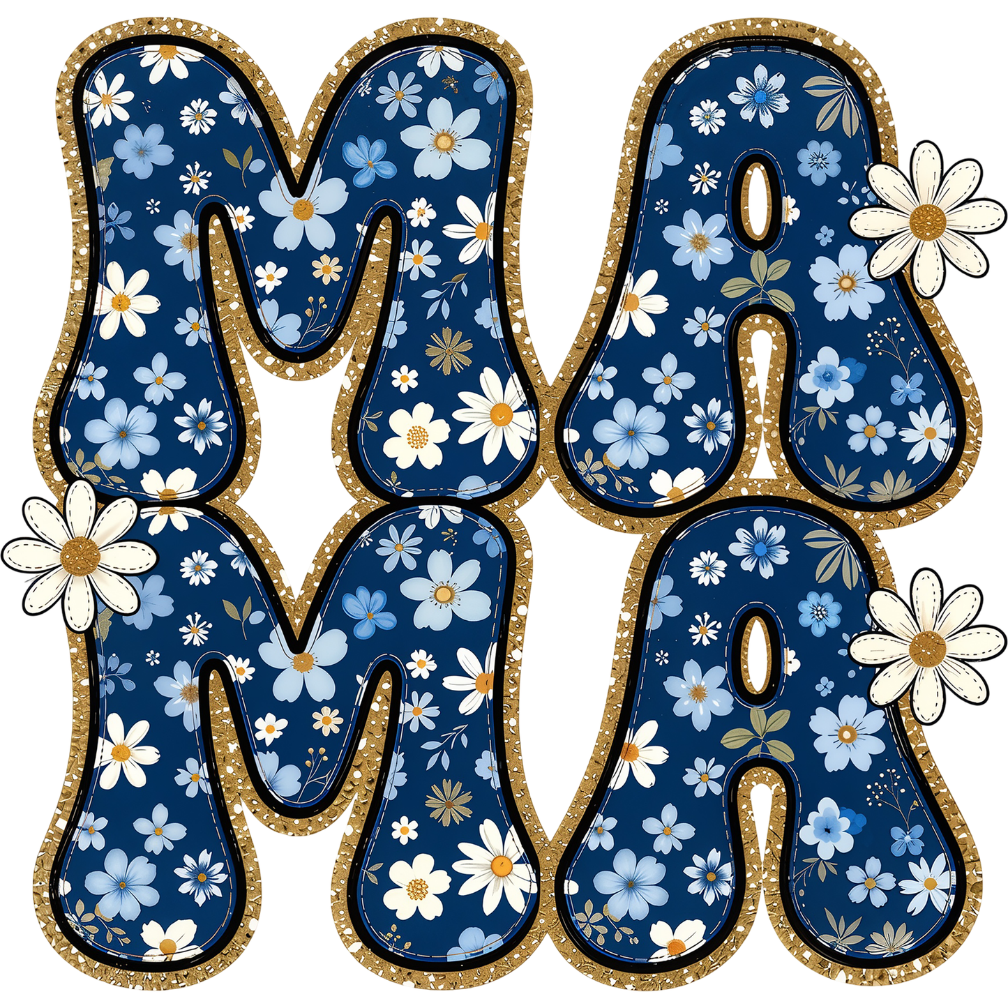 𝐅𝐥𝐨𝐫𝐚𝐥 𝐌𝐀𝐌𝐀 – Blue Daisy Glitter DTF Ready To Press Transfer