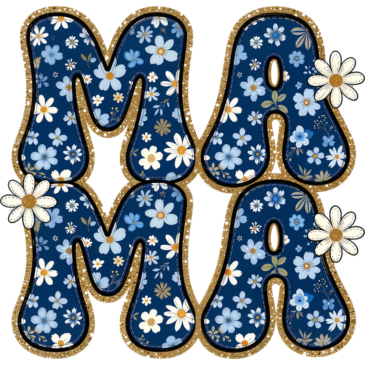 𝐅𝐥𝐨𝐫𝐚𝐥 𝐌𝐀𝐌𝐀 – Blue Daisy Glitter DTF Ready To Press Transfer