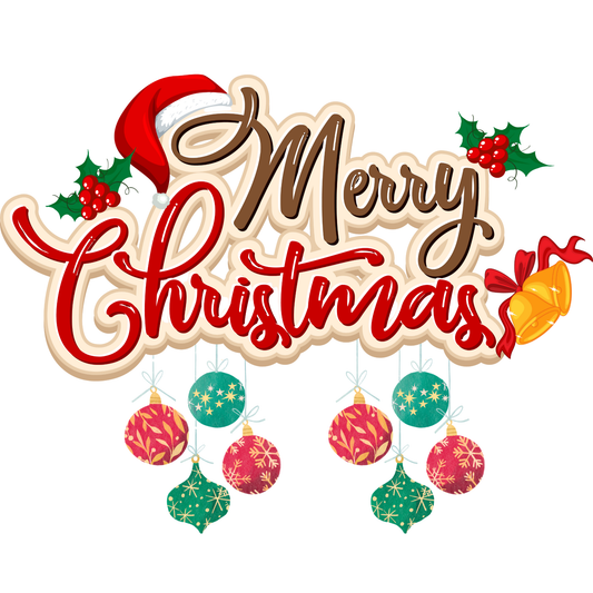 Merry Christmas Ornament DTF Transfer – Festive Christmas Typography with Hanging Ornaments Ready to Press Heat Transfer for Holiday Apparel