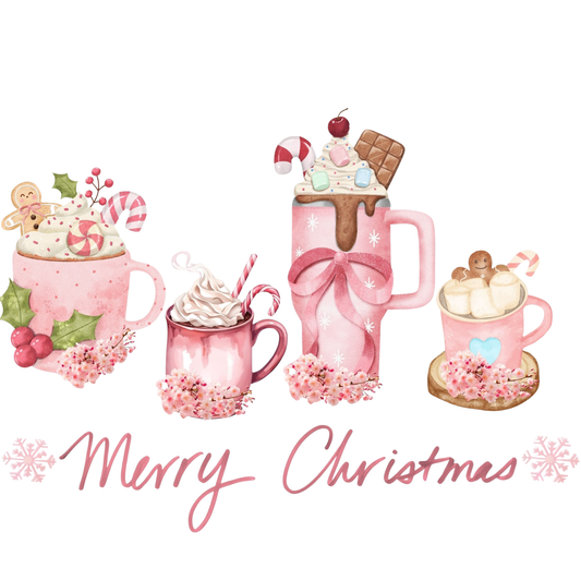 Merry Christmas Hot Cocoa DTF Transfer – Cute Pink Holiday Mug Watercolor Design Ready to Press Heat Transfer
