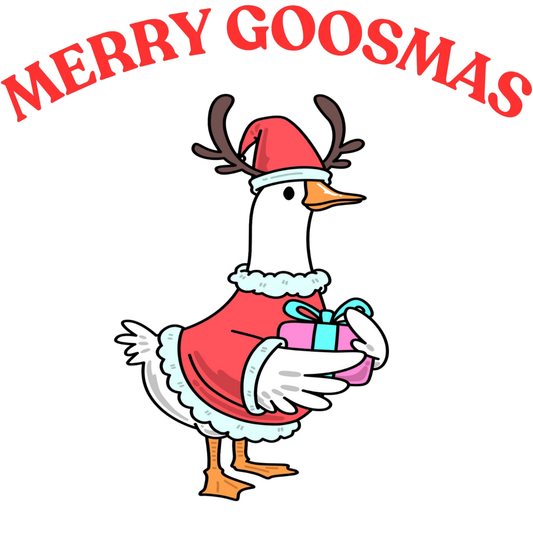 Merry Goosmas Goose DTF Transfer – Funny Christmas Goose with Gift Ready to Press Heat Transfer