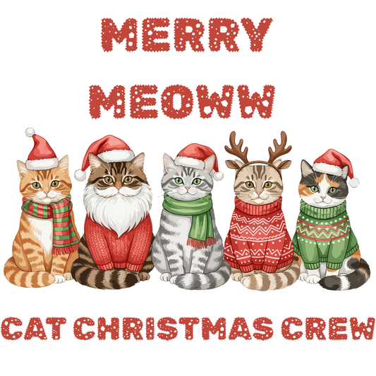 Merry Meow Cat Christmas DTF Transfer – Funny Christmas Cat Design Ready to Press Heat Transfer for Apparel