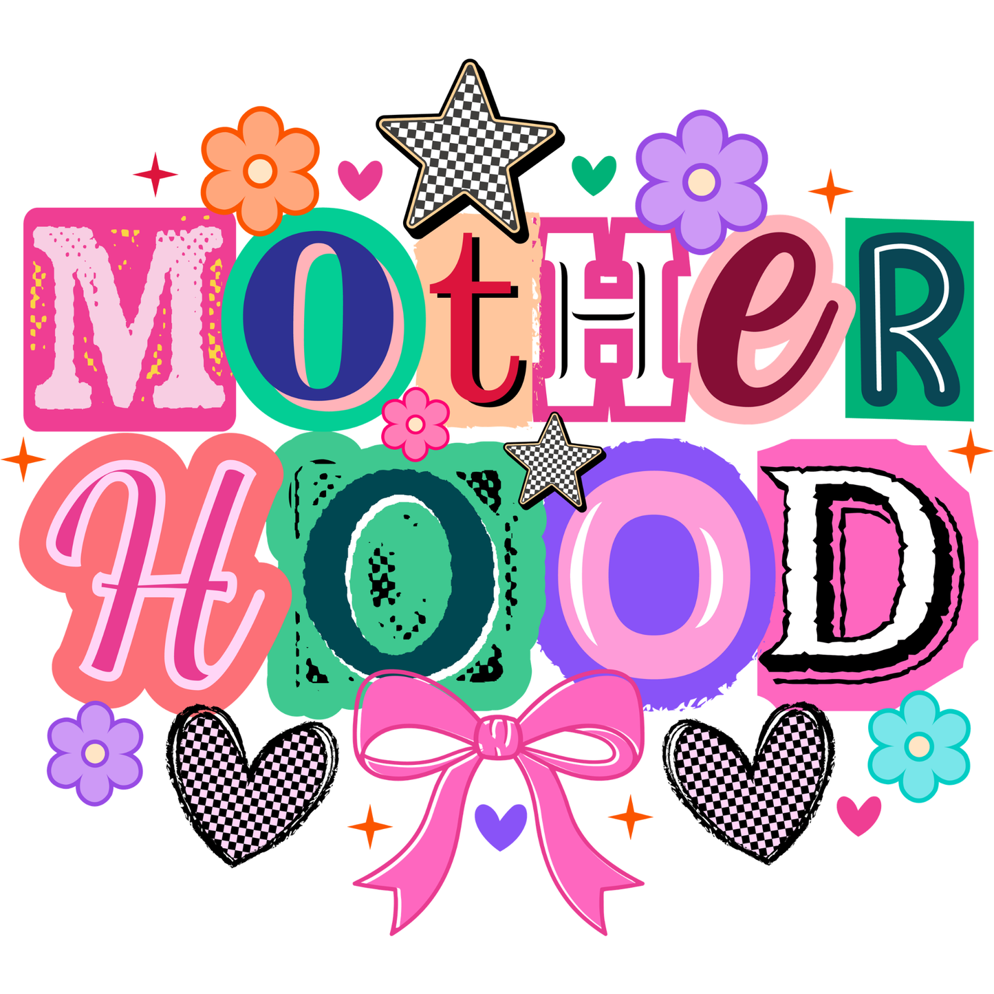 𝐌𝐨𝐭𝐡𝐞𝐫𝐡𝐨𝐨𝐝 Retro Colorful Typography DTF Transfer – Cute Floral Bow Mom Life Graphic DTF Ready To Press