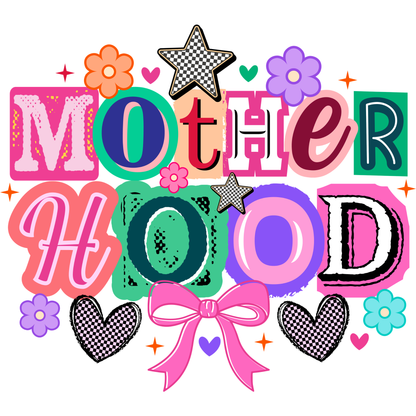 𝐌𝐨𝐭𝐡𝐞𝐫𝐡𝐨𝐨𝐝 Retro Colorful Typography DTF Transfer – Cute Floral Bow Mom Life Graphic DTF Ready To Press
