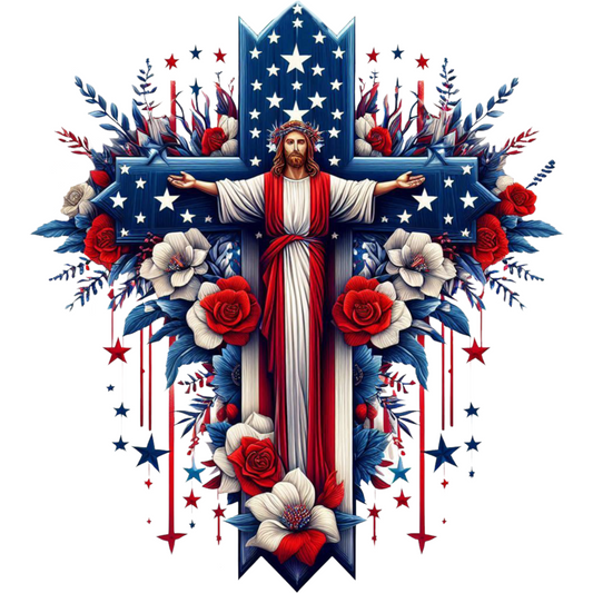 𝐏𝐚𝐭𝐫𝐢𝐨𝐭𝐢𝐜 𝐉𝐞𝐬𝐮𝐬 𝐂𝐫𝐨𝐬𝐬 𝐃𝐓𝐅 𝐓𝐫𝐚𝐧𝐬𝐟𝐞𝐫 – 𝐑𝐞𝐝 𝐖𝐡𝐢𝐭𝐞 𝐁𝐥𝐮𝐞 𝐅𝐚𝐢𝐭𝐡 𝐅𝐥𝐨𝐫𝐚𝐥 𝐃𝐞𝐬𝐢𝐠𝐧 – 𝐑𝐞𝐚𝐝𝐲 𝐓𝐨 𝐏𝐫𝐞𝐬𝐬
